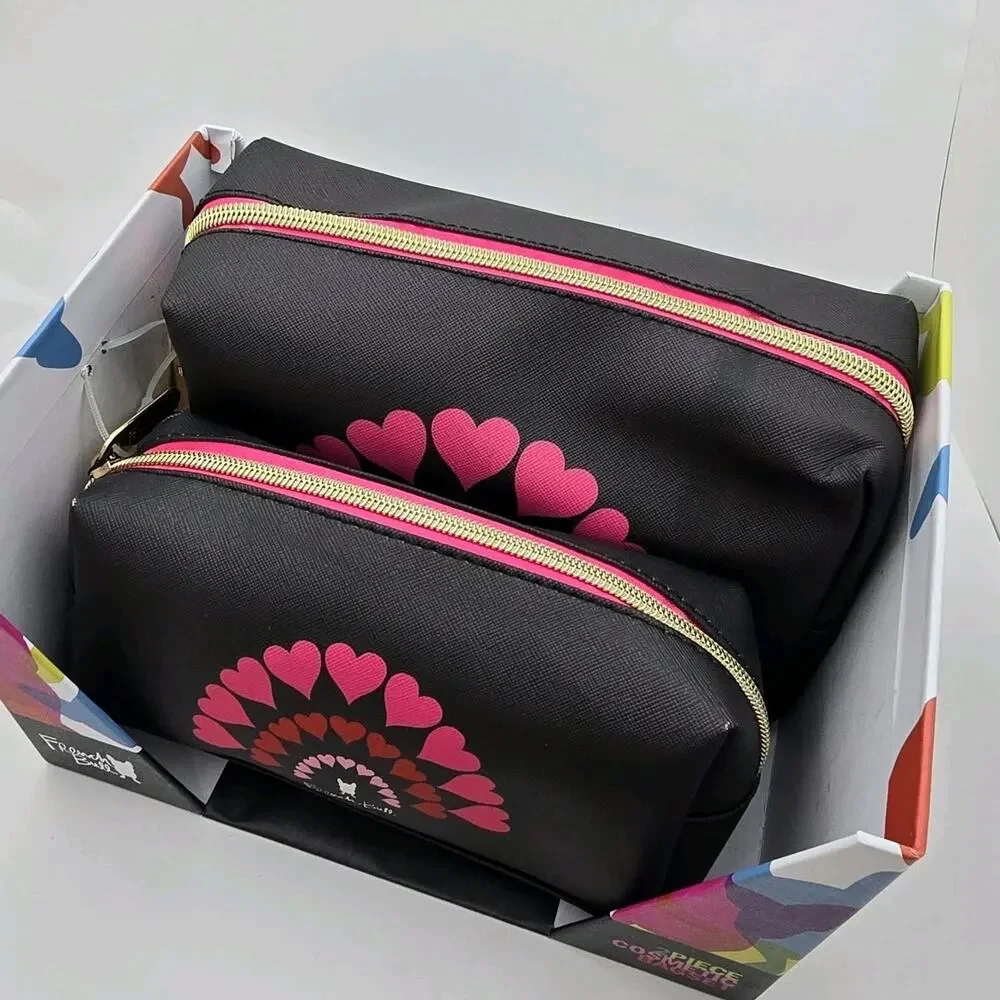 French Bull Dog‎ 2 Piece Set Cosmetic Black Pink Hearts Makeup Travel Organizer